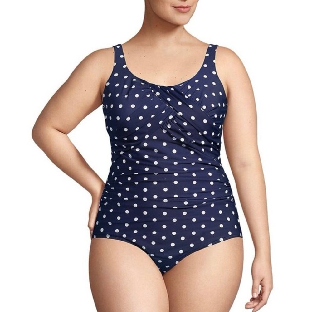 Lands End Plus Size 20W DD Carmela One Piece Swimsuit Polka Dot Navy Blue White